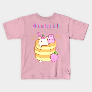 Kawaii Pixel Oishii Dream Dessert ( Usagi & Neko Strawberry Cream pancakee) Kids T-Shirt